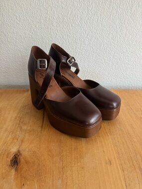 Free People Brown Leather Platform Mary Jane Heels